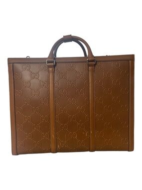 Gucci Embossed GG Leather Briefcase in Tan Brown
